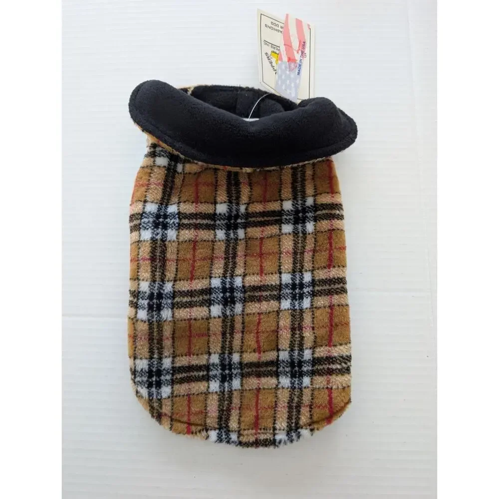 Animal Wrappers Plaid Dog Coat Size 10 Made In USA Warm Fleece Lined Classic Tan